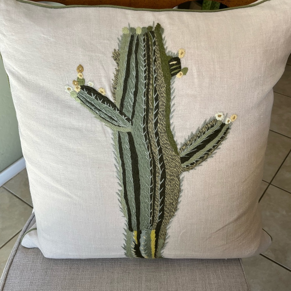 Needlepoint Cactus on Linen Pillow